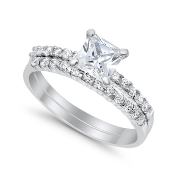 Wedding Ring Bridal Princess Cut Simulated Cubic Zirconia 925 Sterling Silver